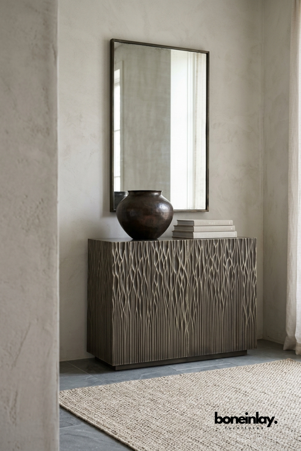 Modern textured solid wood sideboard cabinet with artistic carved doors and spacious storage for dining room, hallway, or living room.