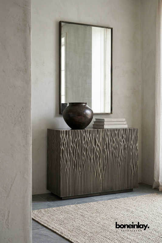 Modern textured solid wood sideboard cabinet with artistic carved doors and spacious storage for dining room, hallway, or living room.