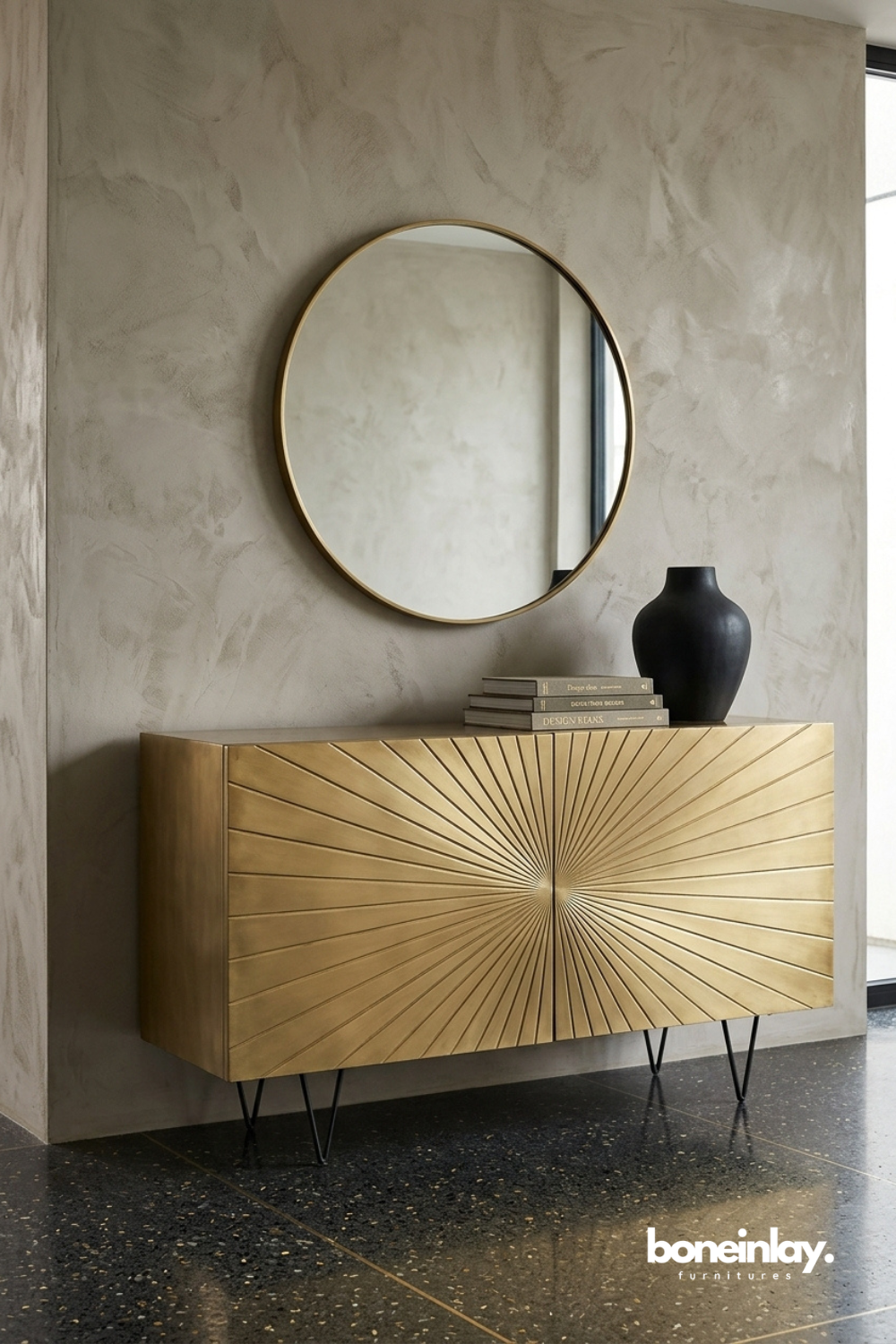 Mid century sunburst accent cabinet in gold finish with radial geometric design and metal hairpin legs