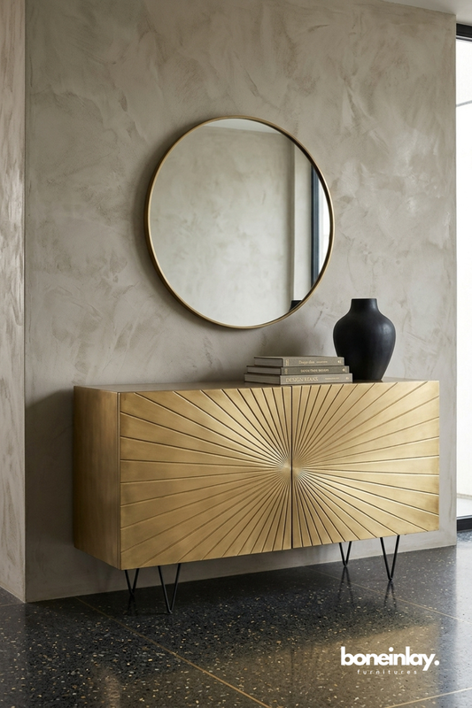Mid century sunburst accent cabinet in gold finish with radial geometric design and metal hairpin legs