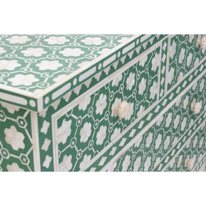 Close detail of emerald green bone inlay dresser top surface and upper drawer fronts showing intricate ivory floral and hexagon inlay work
