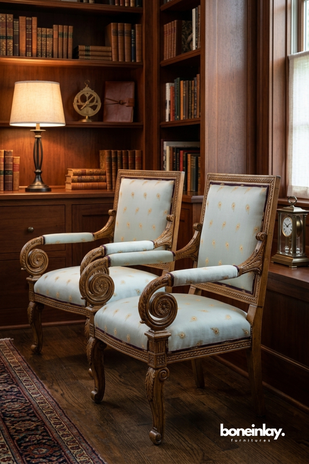Set of two handcrafted carved wooden armchairs with elegant scroll arms, upholstered cream fabric, classic luxury accent chairs for library, study, or formal living room.