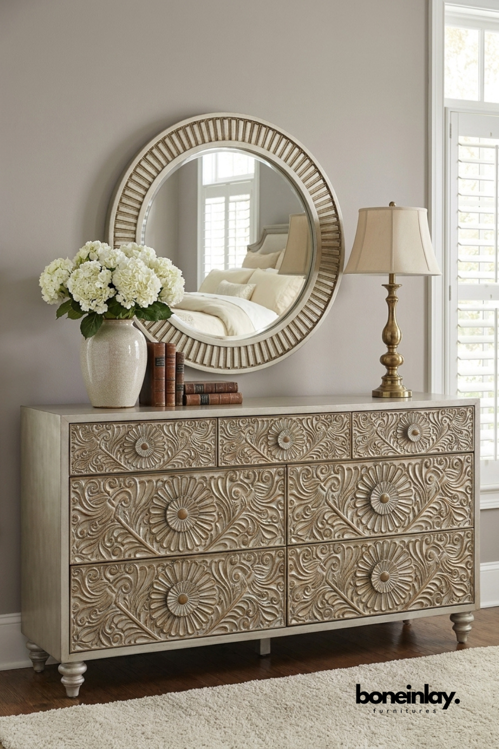 Handcrafted carved solid wood dresser featuring intricate floral relief carvings, multiple spacious drawers, light distressed finish, and elegant bedroom storage cabinet.