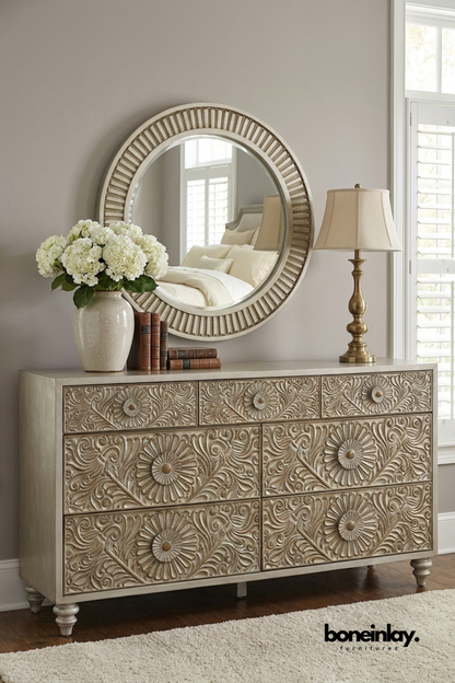 Handcrafted carved solid wood dresser featuring intricate floral relief carvings, multiple spacious drawers, light distressed finish, and elegant bedroom storage cabinet.