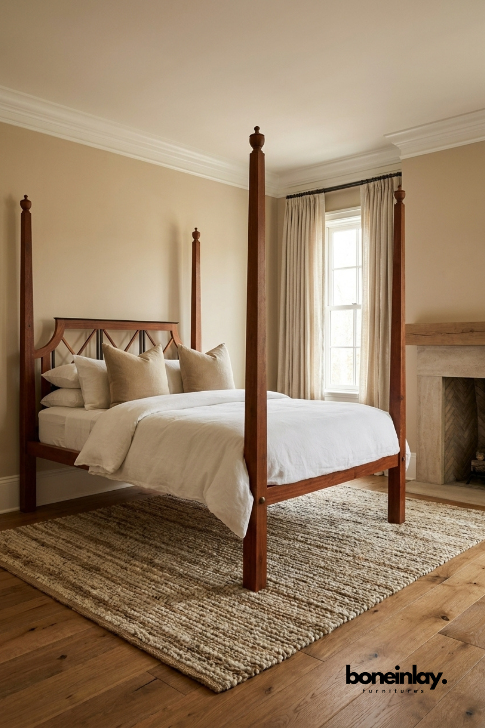 Classic Walnut Four Poster Bed with Geometric Headboard