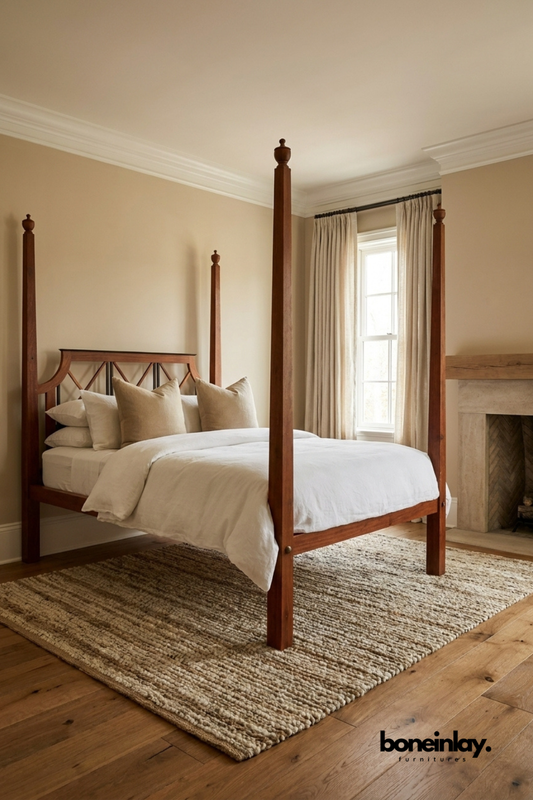 Classic Walnut Four Poster Bed with Geometric Headboard