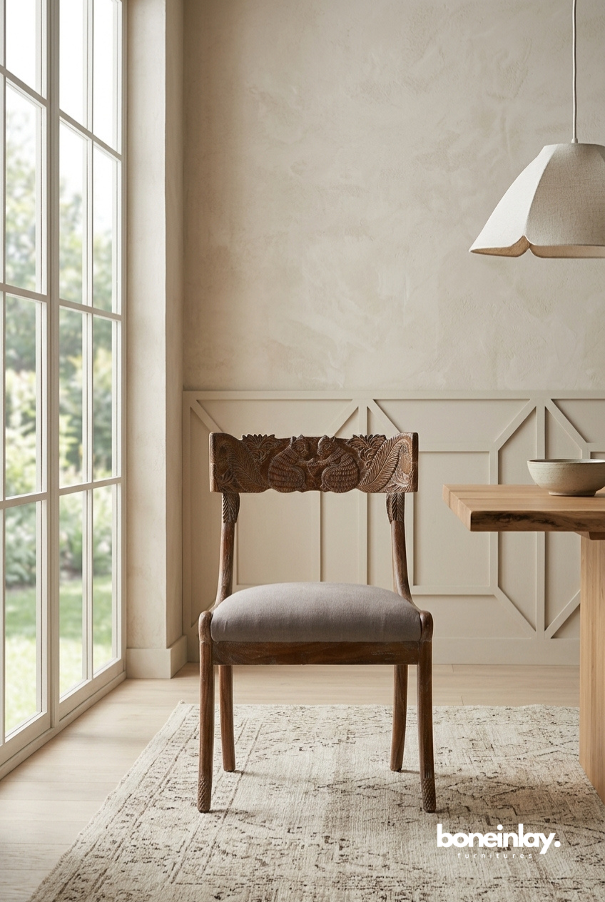 Handcarved Wooden Dining Chair With Upholstered Seat