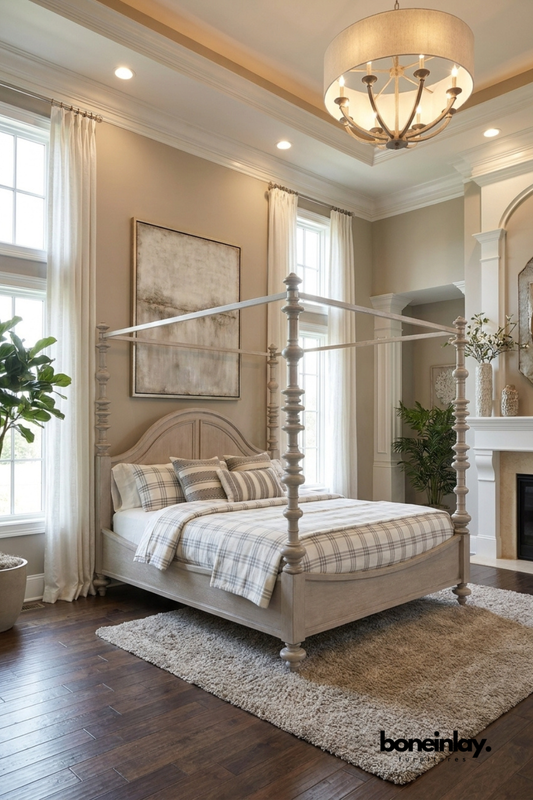 Distressed White Wash Four Poster Bed Frame with Curved Headboard