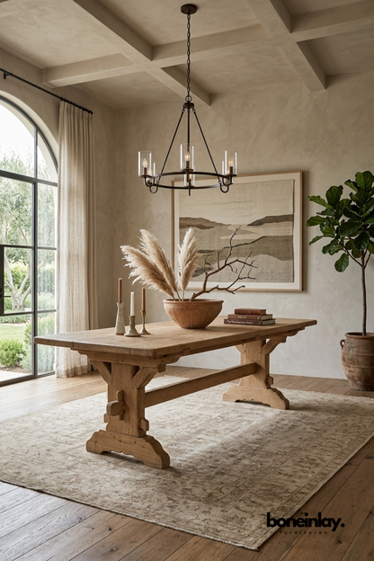 Rustic Farmhouse Trestle Dining Table in Solid Wood, Traditional Wooden Dining Room Table, Large Country Style Dining Furniture