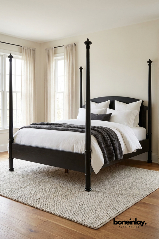 Classic Black Four Poster Canopy Bed Frame with Curved Headboard