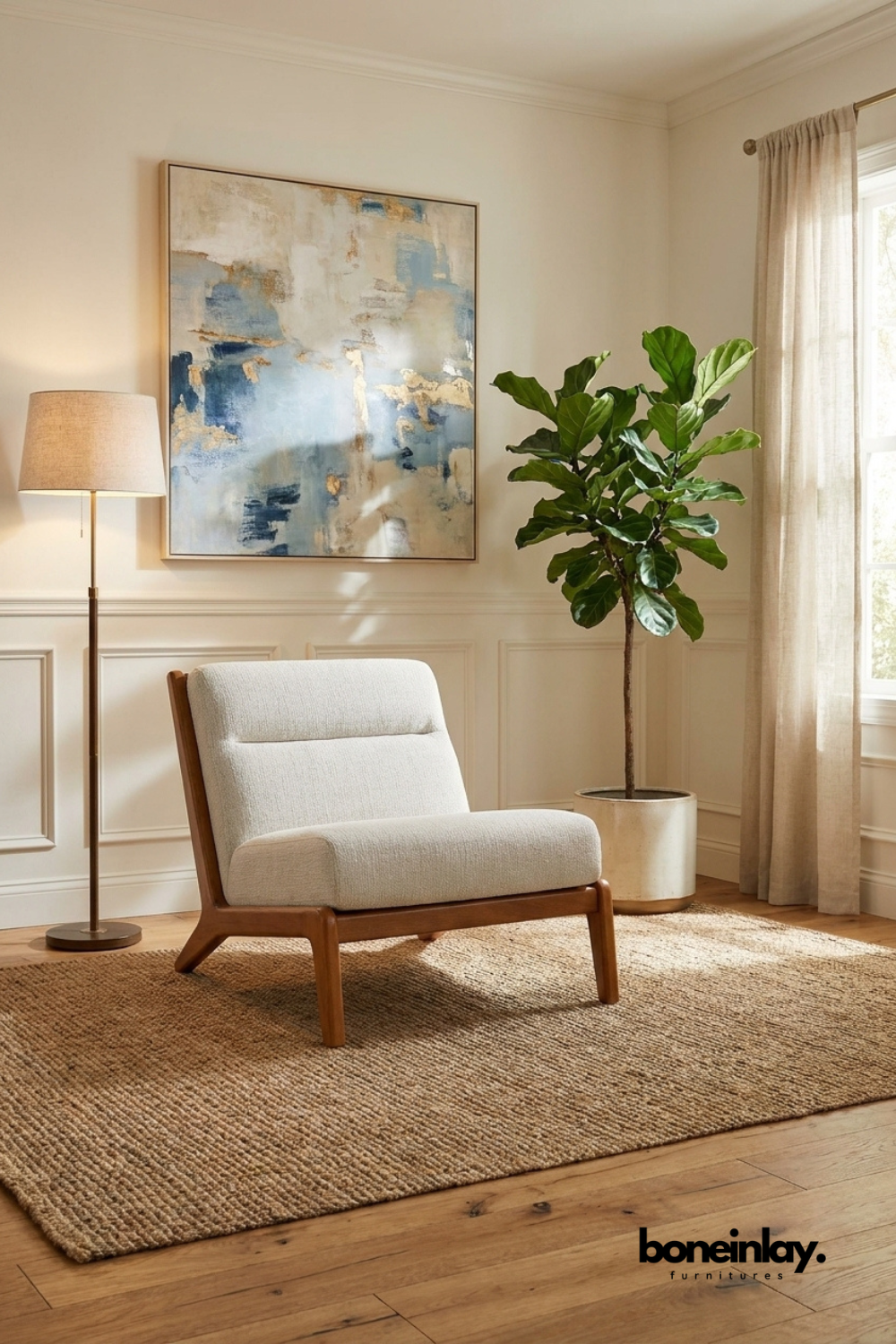 Modern upholstered lounge chair with solid wood frame and cream fabric cushions, Scandinavian-inspired accent chair with clean contemporary lines.