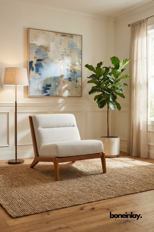 Modern upholstered lounge chair with solid wood frame and cream fabric cushions, Scandinavian-inspired accent chair with clean contemporary lines.