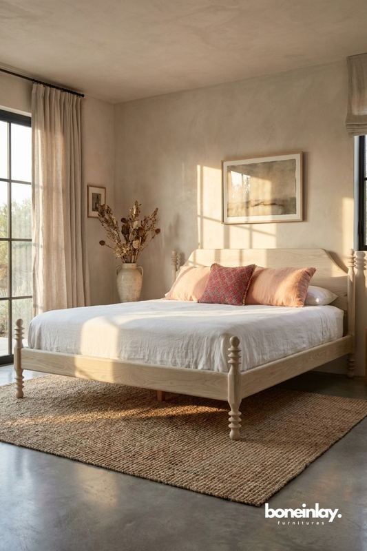 Solid wood spindle bed frame in natural finish with turned posts and curved headboard