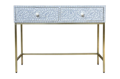 Handmade grey floral bone inlay 2-drawer console table with gold-finished metal frame and white bone knobs on white background