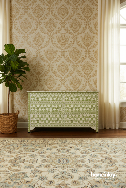 Sage green and white bone inlay 6-drawer dresser with handcrafted floral pattern and carved knobs
