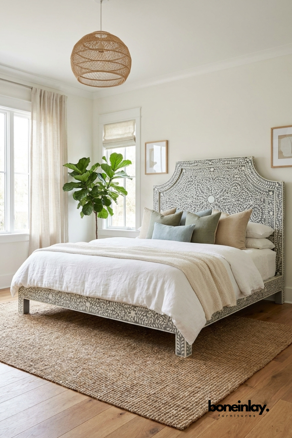 Grey Floral Bone Inlay Platform Bed with Camelback Headboard and Vine Motif Inlay on Mango Wood Frame