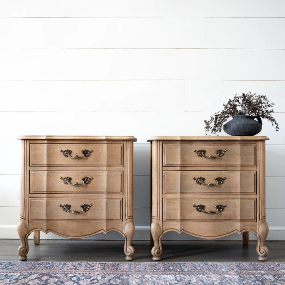 Floral brass pull bedside table pair in warm wood tone, shown together in a front view.