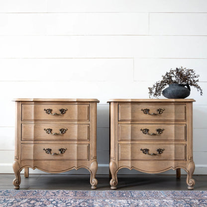 Floral brass pull bedside table pair in warm wood tone, shown together in a front view.