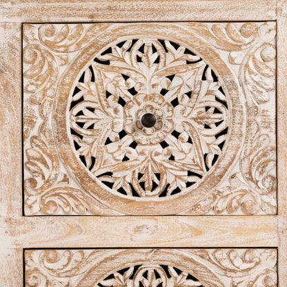 Floral carved accent panel in ivory wood tone, close-up of carving detail on drawer front.