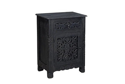 Floral carved bedside table in antique black solid wood, front view showing a closed drawer, ring pulls and cabinet door.
