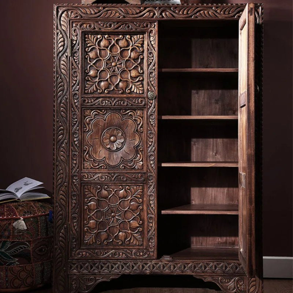 Floral carved storage cabinet in brown solid wood, front view with the right door open to reveal interior shelves.