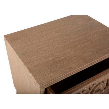Two Drawer Wooden Night Table with a light wood finish, carved floral fronts, rounded bun feet, and wooden construction