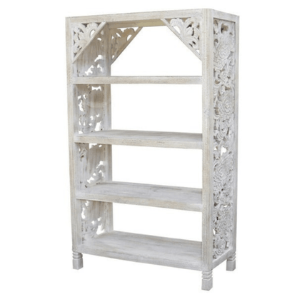 Floral open shelving unit in rustic wood, front view angled to show the right carved panel and short turned feet.