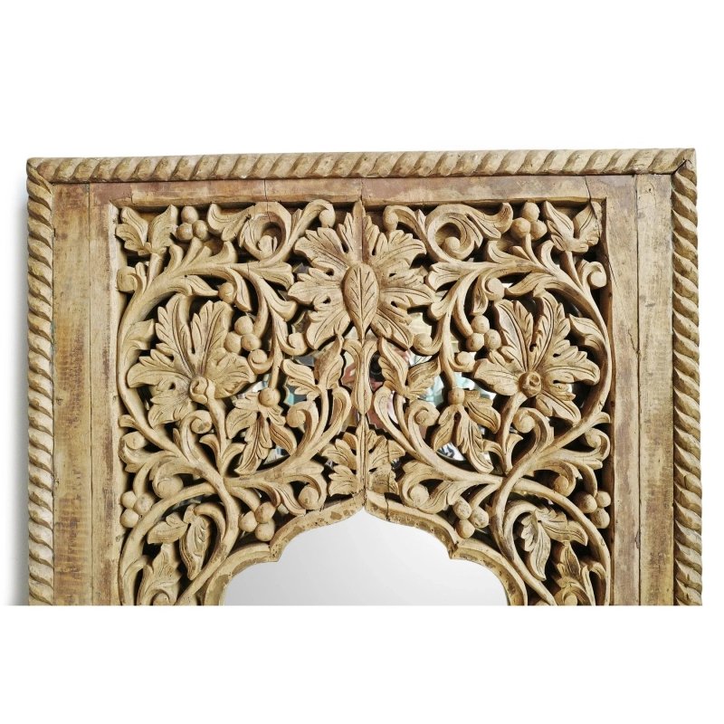 Floral scrollwork wood mirror in a rustic finish, edge detail view showing the upper rope border and carved arch.