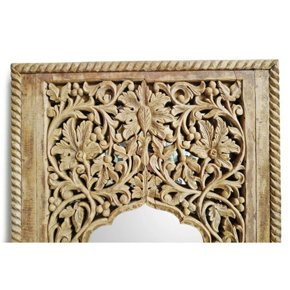 Floral scrollwork wood mirror in a rustic finish, edge detail view showing the upper rope border and carved arch.