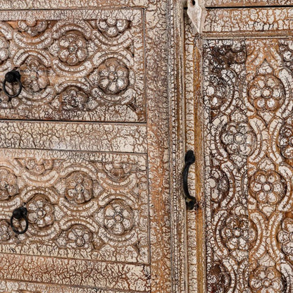 Floral wood server with a distressed finish, close-up of a drawer handle beside the deeply carved panel details.