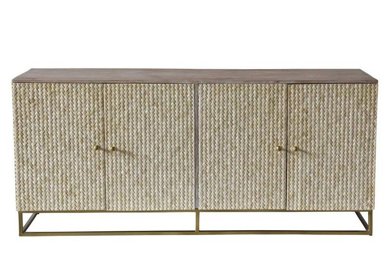 Front view of a four-door handmade bone inlay buffet in cream herringbone pattern with brass knobs and gold powder-coated metal base on white background