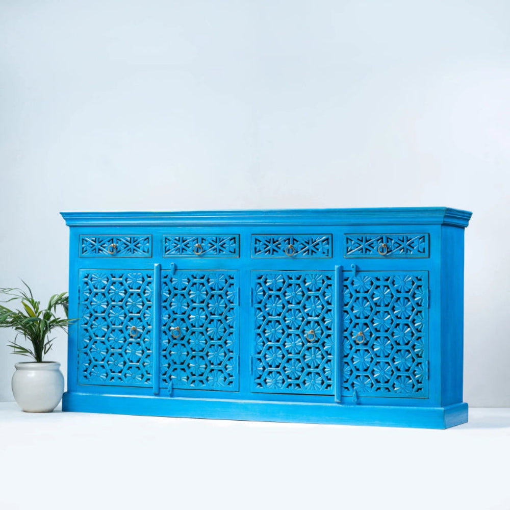 Four Door Lattice Credenza in blue solid wood, front view at a slight angle showing the right side and molded base.