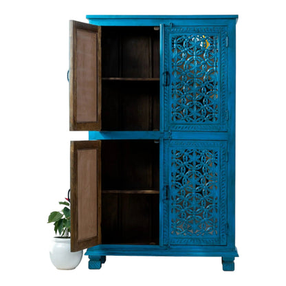 Four door wood cabinet in teal, front view with both left doors open, revealing dark wood shelves inside.