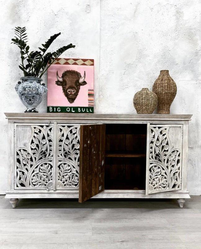 Four door wood credenza in a rustic finish, front view with two doors open, revealing dark wood storage and a shelf.