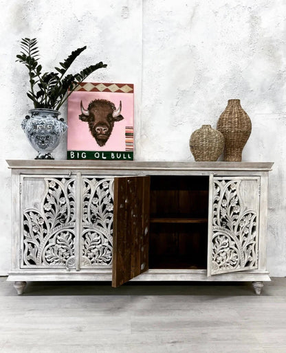Four door wood credenza in a rustic finish, front view with two doors open, revealing dark wood storage and a shelf.