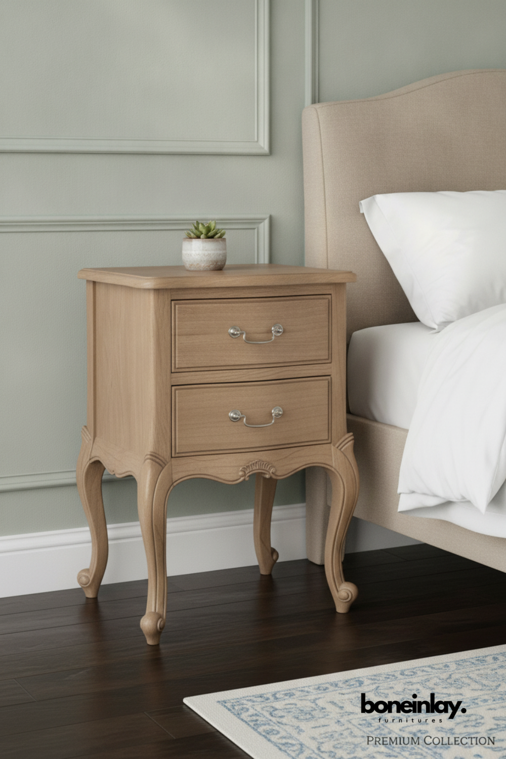 French Provincial Curved Leg Two Drawer Nightstand in Natural Oak Finish