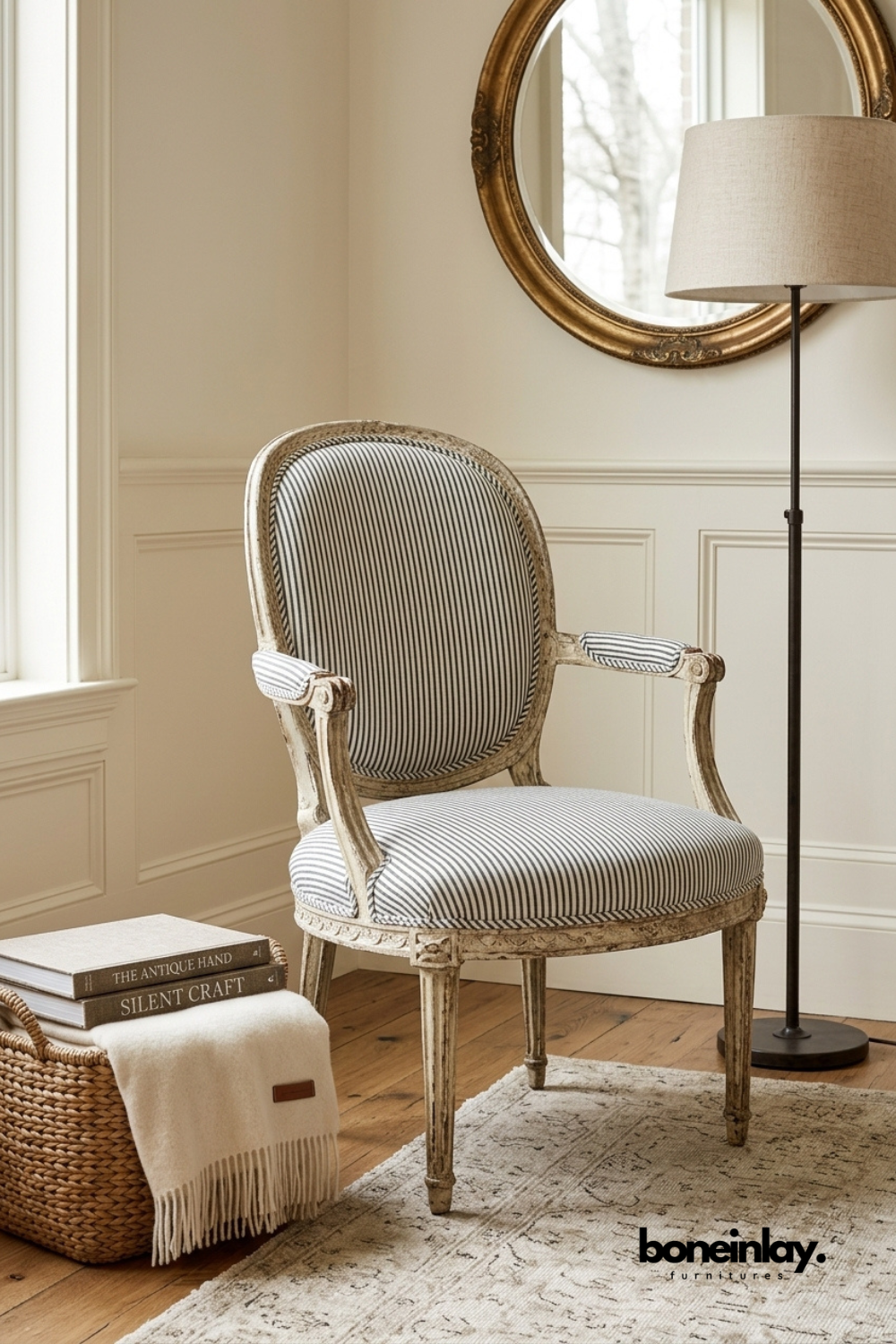 French style upholstered accent chair with striped fabric, distressed carved wood frame, and classic Louis inspired design for elegant living spaces.