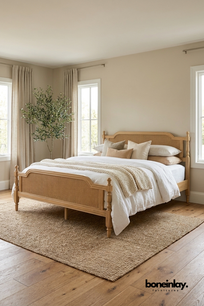 Natural Oak Cane Panel Bed with Turned Posts