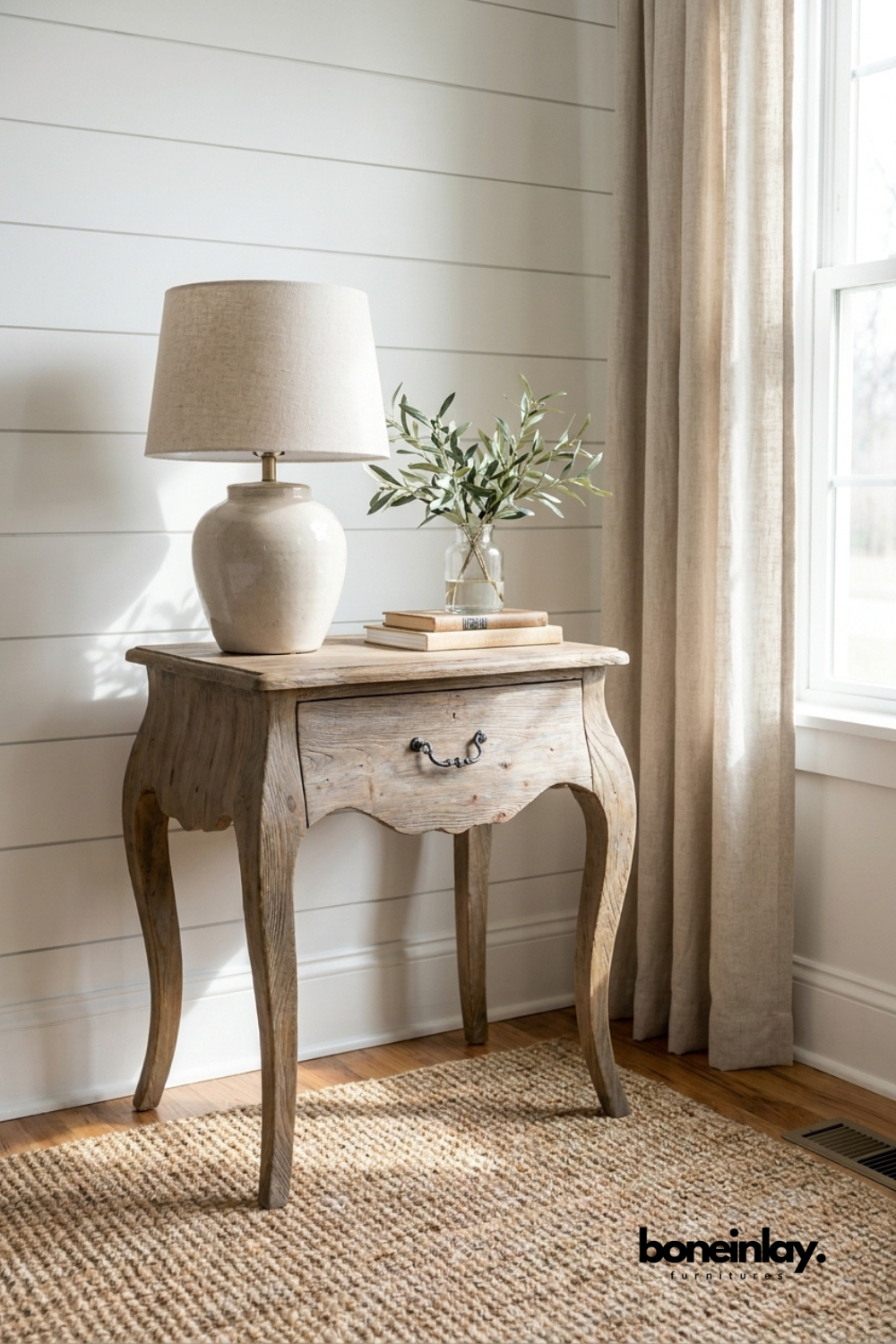 Vintage French Style Wooden Side Table with Ceramic Lamp and Linen Curtains