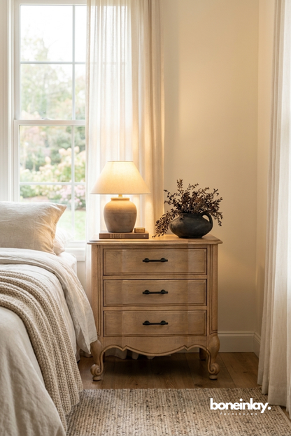 French Country Three Drawer Bedside Table in Natural Oak Finish