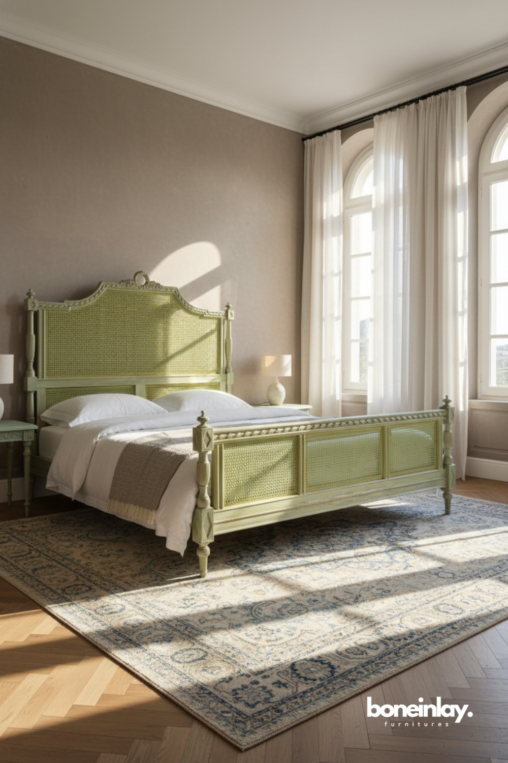 Sage green cane bed with woven rattan panels and classic carved wood accents.