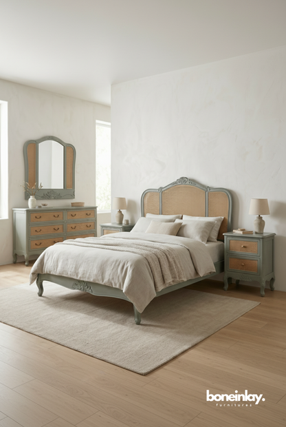 Bohemian style carved rattan bedroom set with 5 pieces including bed, dresser, and nightstands