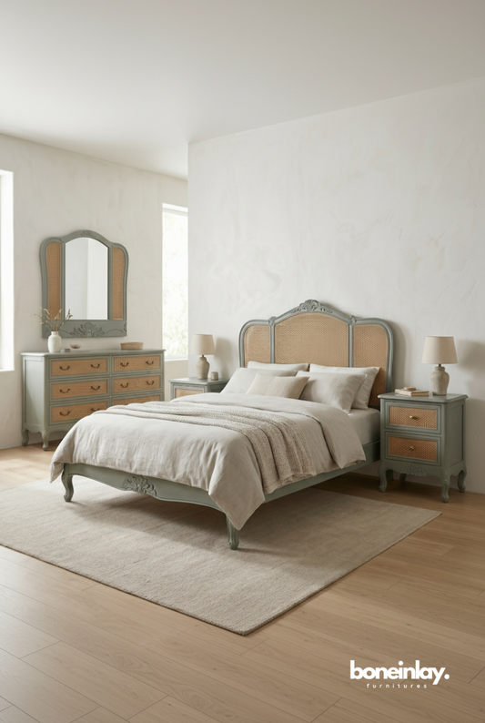 Bohemian style carved rattan bedroom set with 5 pieces including bed, dresser, and nightstands