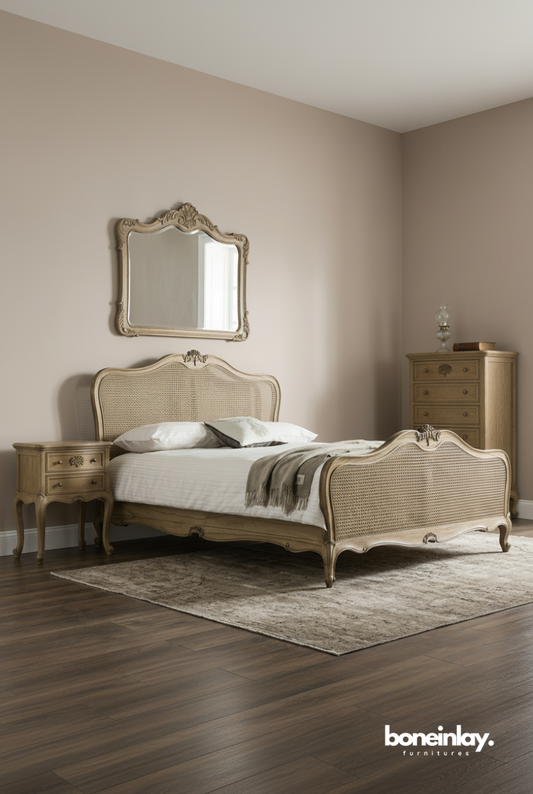 French Design Bohemian Style Carved Caned Bedroom Set with cane panel headboard and solid wood frame