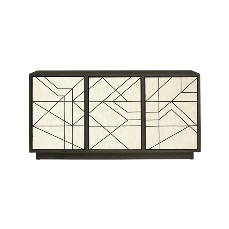Geometric bone inlay storage cabinet with three cream-panelled doors featuring bold black line art inlay pattern and dark matte wooden frame on white background