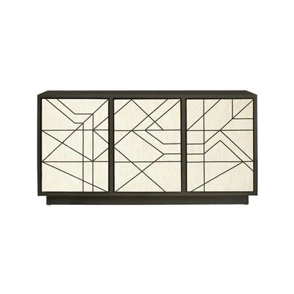 Geometric bone inlay storage cabinet with three cream-panelled doors featuring bold black line art inlay pattern and dark matte wooden frame on white background