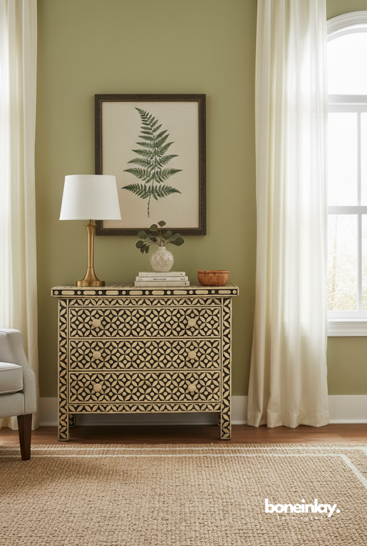 Geometric bone inlay 3-drawer dresser in black and white star pattern styled in a sage green bedroom with lamp and botanical art