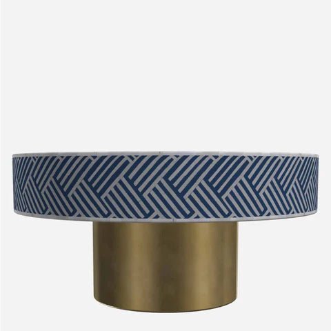 Profile view of navy blue geometric herringbone bone inlay coffee table rim and solid brass pedestal base – luxury handcrafted Indian artisan furniture