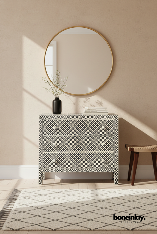Handcrafted black and white geometric bone inlay 3-drawer dresser styled in a modern bedroom with round mirror and neutral decor, luxury Indian artisan furniture