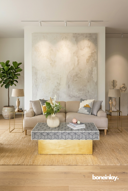 Modern Bone Inlay Coffee Table with Geometric Pattern and Brass Base